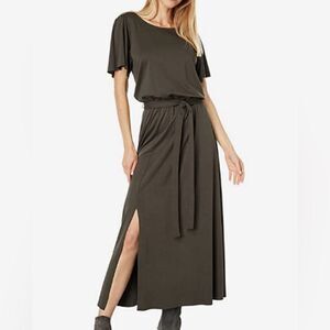 Lilla P Dress Womens Small Green Crew Neck Short Flutter Sleeve Belted Long Maxi
